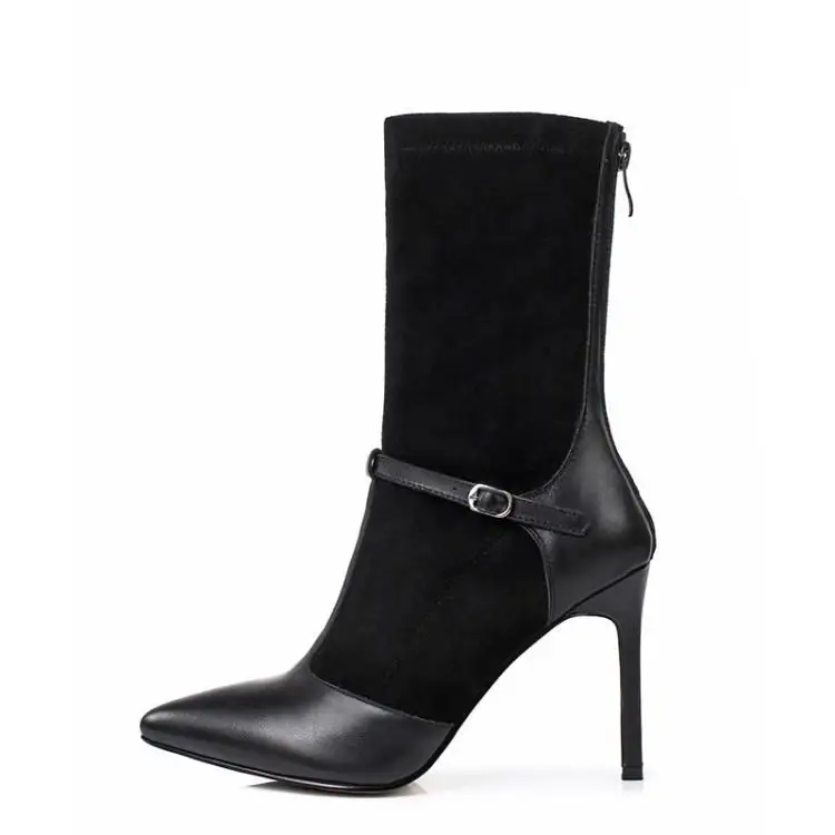 Chic Women Boots Metal Buckle Design Women Stiletto Back Zipper Bottes Femme Mid-calf Boots Black Color Trendy Short Booties