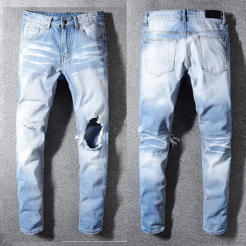 

New Italy Style #587# Men's Destroyed Hollow Out Patches Silver Shining Pants Skinny Blue Jeans Slim Trousers Size 28-40
