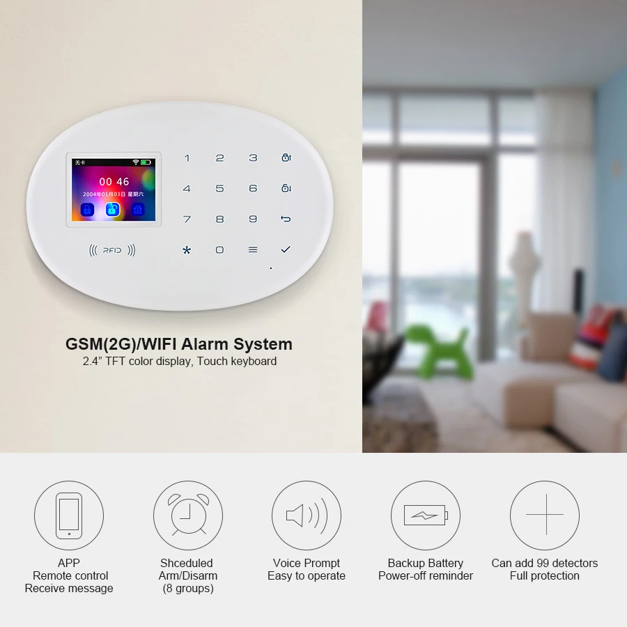 KERUI WIFI GSM Home Security Alarm System With 2.4 inch TFT Touch Panel APP Control RFID Card Wireless Smart Home Burglar Alarm