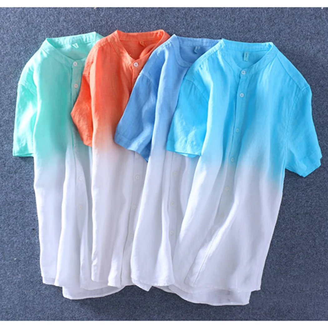 Мужские повседневные пляжные рубашки с коротким рукавом летние хлопковые рубашки с градиентными пуговицами мужские рубашки для отдыха облегающие рубашки Chemise Homme