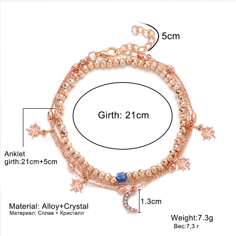 Богемные кристаллы Луна и Звезда бусины ножные браслеты для женщин винтажный многослойный ножной браслет Шарм пляжные ювелирные изделия 2 шт./лот