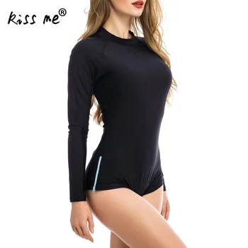 

One Piece Swimsuit Padded Solid Black Women One Piece Long Sleeve Swimwear Swimsuit Rash Guard Wetsuit Surfing Suit Beach Wear