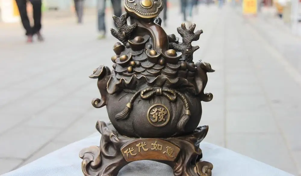 

Chinese Copper Bronze Feng Shui Lucky Wealth YuanBao RuYi Treasure bowl Statue