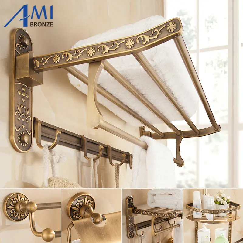 العتيقة نحى منحوتة الألومنيوم تركيبات حمام الأجهزة مجموعة رف مناشف الحمام منشفة شريط ورقة حامل القماش هوك AA03 سلسلة