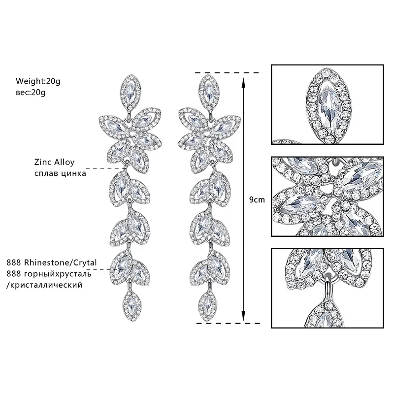 Mecresh кристалл свадебные длинные висячие серьги для женщин Серебряный цвет Листья Свадебные серьги обручение вечерние ювелирные изделия EH282