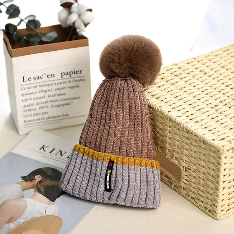 Stitching Baby Beanies Hat Toddler Boys Girls Winter Warm Cap with Big Pompom High Quality Cap Cotton Liner Comfort Thicken Hat (7)