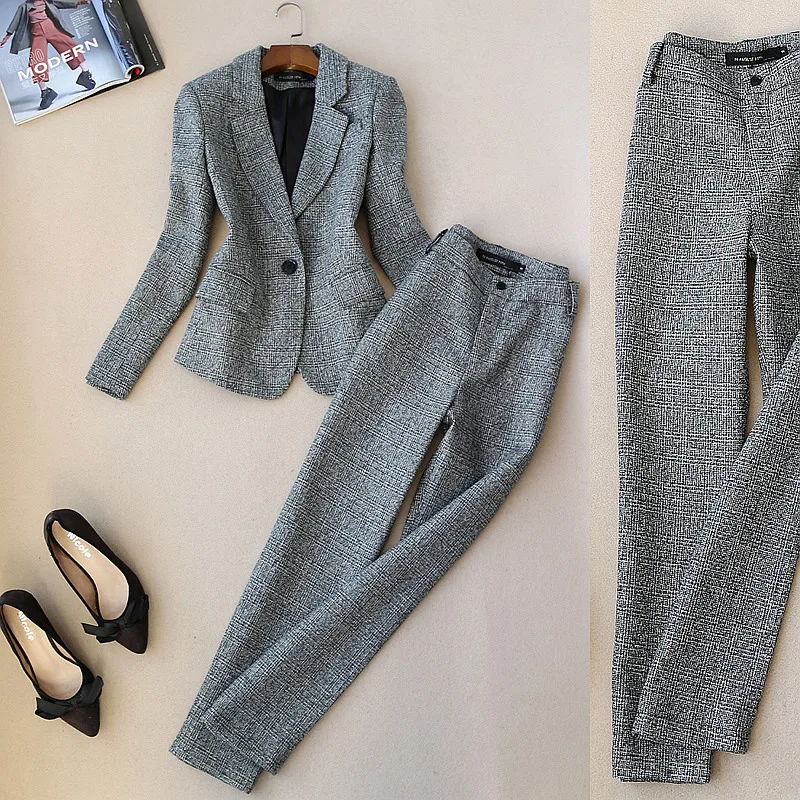 Fashion suit female early spring new professional practice British style imitation woolen suit jacket + wide leg pants two-piece Fashion suit female early spring new professional practice British style imitation woolen suit jacket + wide leg pants two-piece