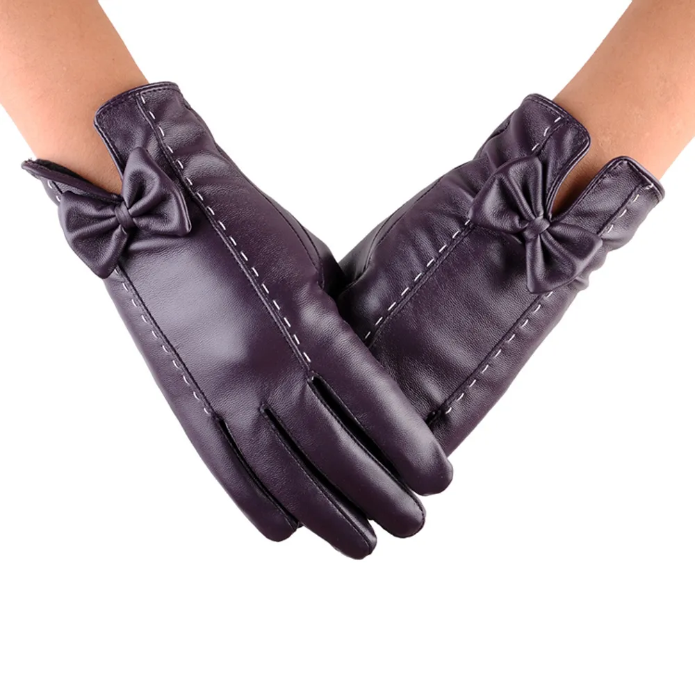 Женские Элегантные Кожаные Перчатки, женские перчатки из искусственной кожи с бантом на весь палец, модные осенне-зимние утепленные варежки, теплые перчатки для рук Luvas# VE