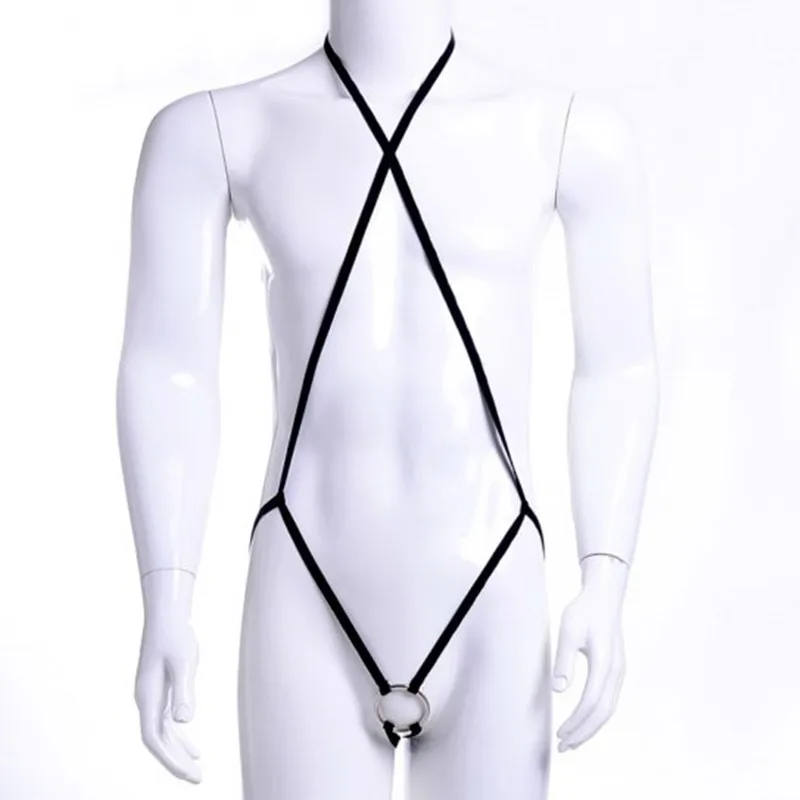 

Sexy Men Cross Hollow Out Halter Bodysuit Nightwear String T-back G-string Teddies Lingeries Butler Waiter Game Costumes Uniform