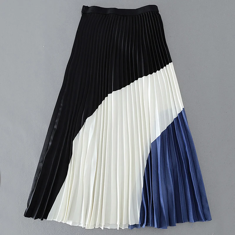 Женская модная плиссированная юбка с цветными блоками, длинная юбка с эластичной резинкой на талии, высокая уличная юбка макси, наряды