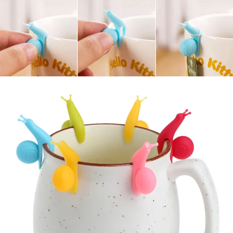 6Pcs Cute Snail Shape Silicone Bag Tea Hanging Label Cup Glass Clip Holder Filter Tool Filters Colorful Mini Tea Tools