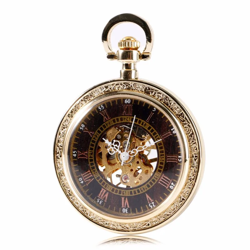 Ретро роскошные золотые изысканный Механические карманные часы открытым Уход за кожей лица римскими цифрами стильный цепи Рука обмотки