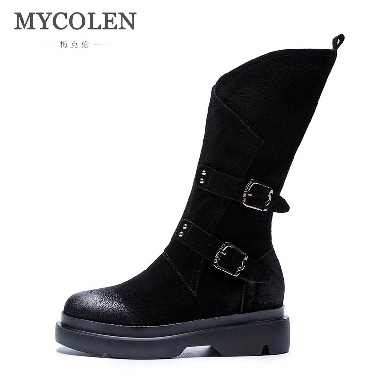 

MYCOLEN 2018 New Comfortable Chelsea Boots Brand Designer Women Leather Boots Round Toe Low Heel Buckle Autumn Winter Boots