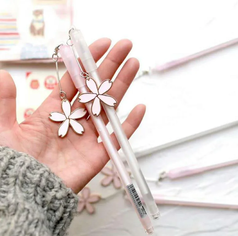 4 Pcs/set Kawaii Flower Cherry Blossoms Sakura Acrylic Pendant Gel Pens 0.5mm Black Ink Signing Pen School Office Stationery