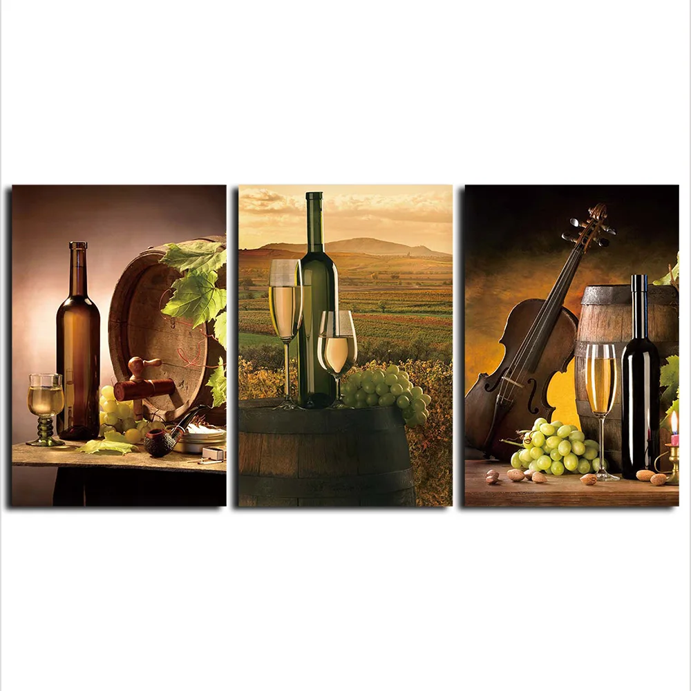 3 Panels Canvas Wine bottle with Case Painting On Canvas Wall Art Still