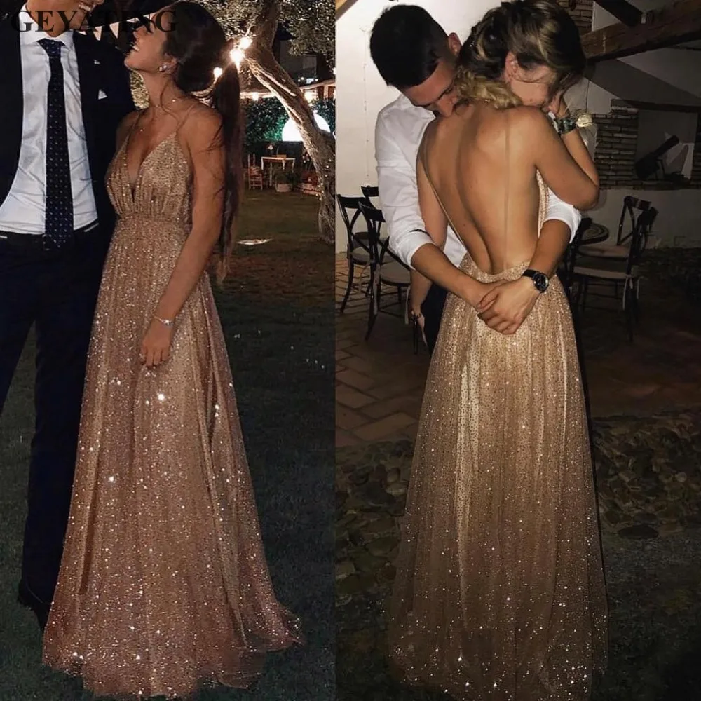 

Sexy Spaghetti Straps V-Neck Backless Prom Dresses 2019 Rose Gold Sequin Long Evening Dress A-line Champagne Formal Party Gowns