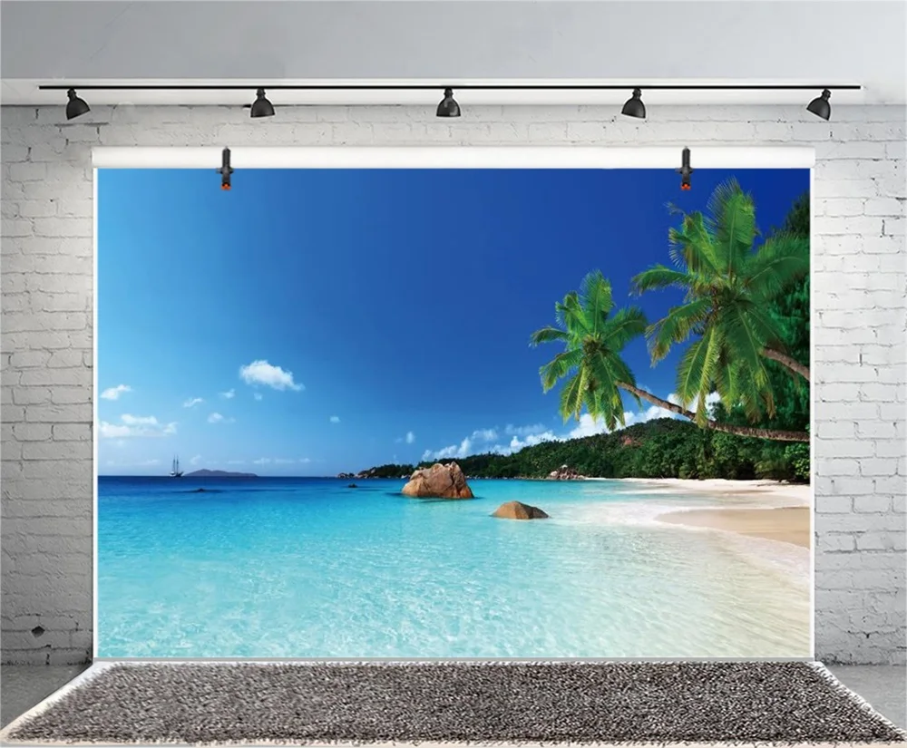 Laeacco Sea Beach Blue Sky Palm Tree Summer Scenic Photography Backgrounds Customized Photographic Backdrops For Photo Studio