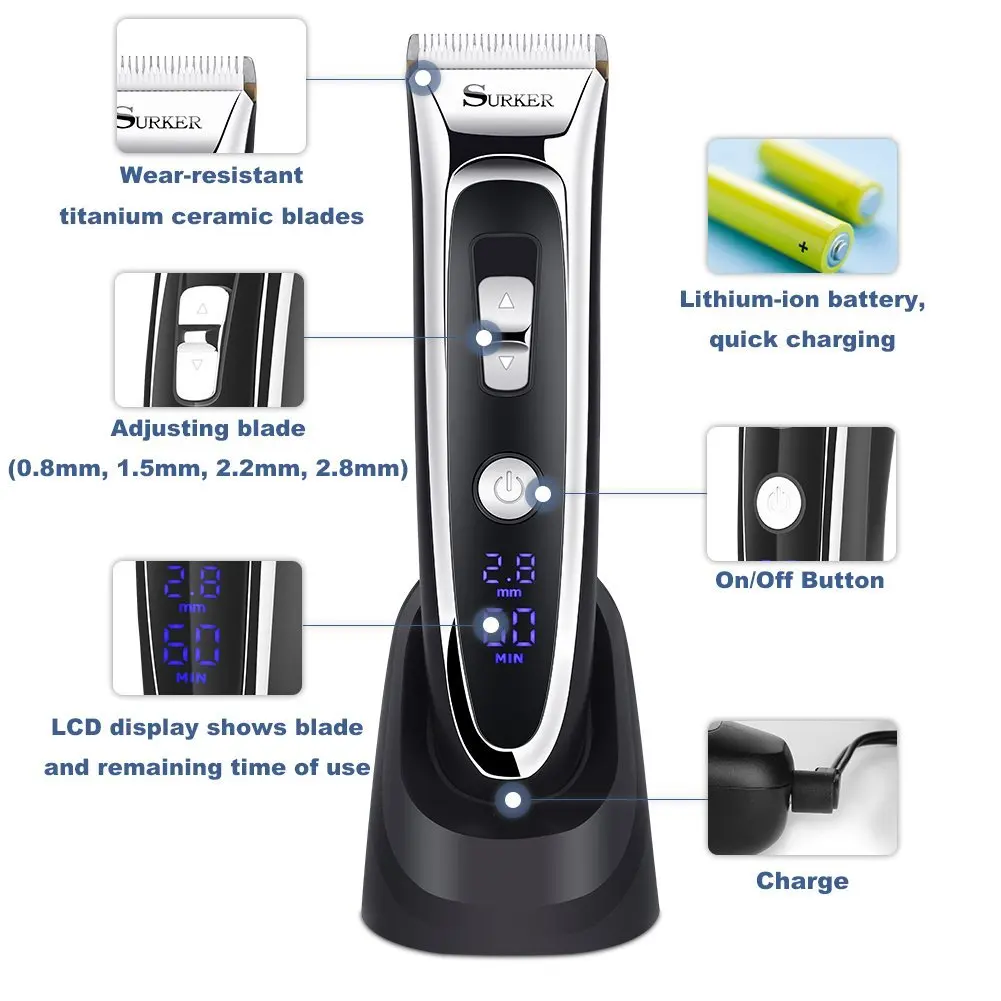 SURKER Rechargeable Hair Clipper Trimmer Beard Shaver Cordless Washable LED Display Ceramic Blade 
