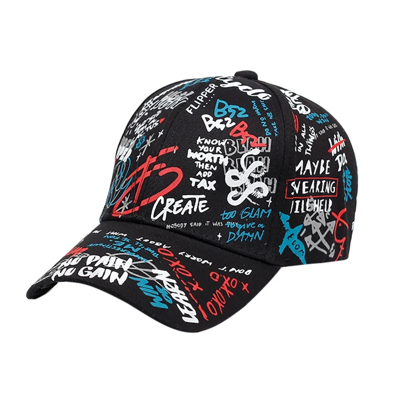Бейсболки женские мужские красочные граффити напечатаны хлопок шляпа из полиэстера головные уборы Спортивная одежда для улицы с регулируемой застежкой сзади - Цвет: Черный