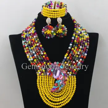 

Mustard Yellow Nigerian Wedding African Beads Jewelry Set Multicolor African Fashion Jewelry Set Crystal Free Shipping WA056