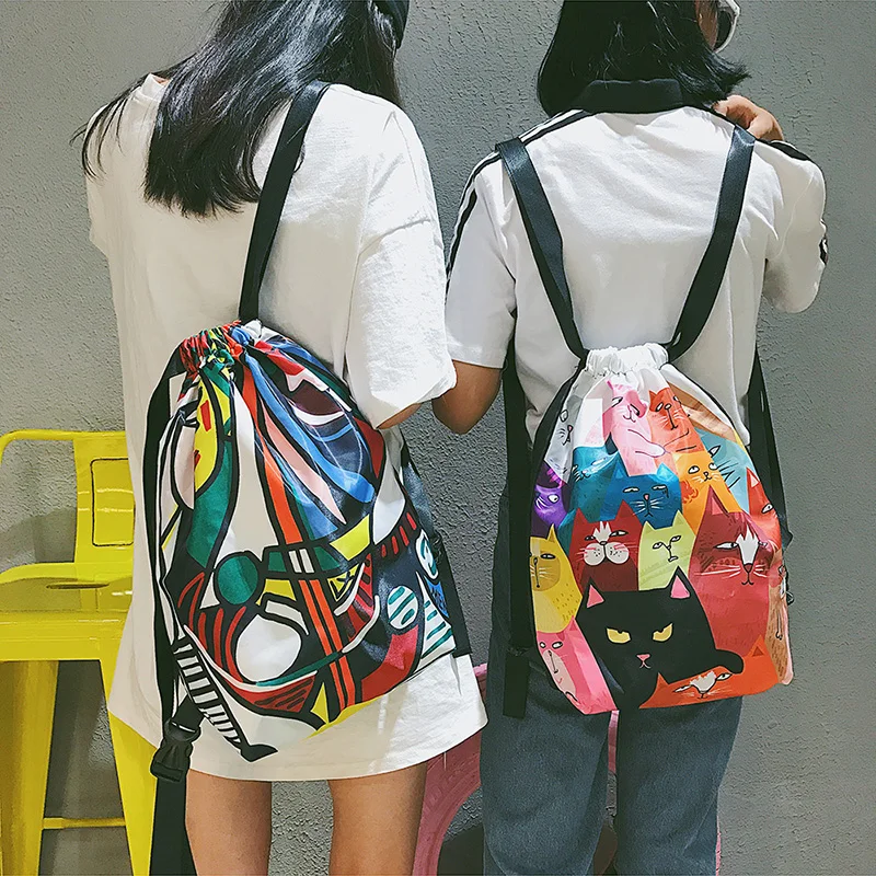 Menghuo Designer 6 Patterns Cat Printing Women Classic Mochila Drawstring Bags Travel backpack School Bag Leisure Bagpack Brand (9)