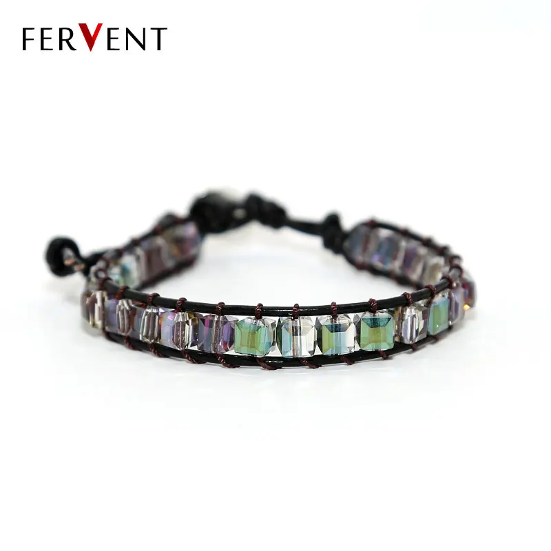 

Casual Chic Style Cube Crystal Beads Bracelet Summer Beach Genuine Leather Wrap Bracelet for Men and Women Drop Shipping