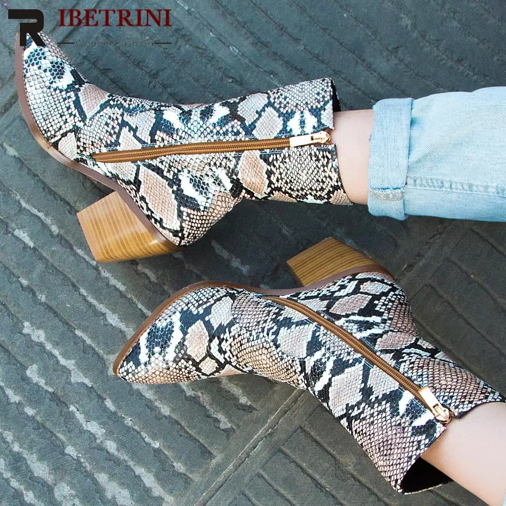 

RIBETRINI Ankle Boots Woman Snake Prints Square High Heels Ankle Boots Ladies Boots Woman Size 34-44