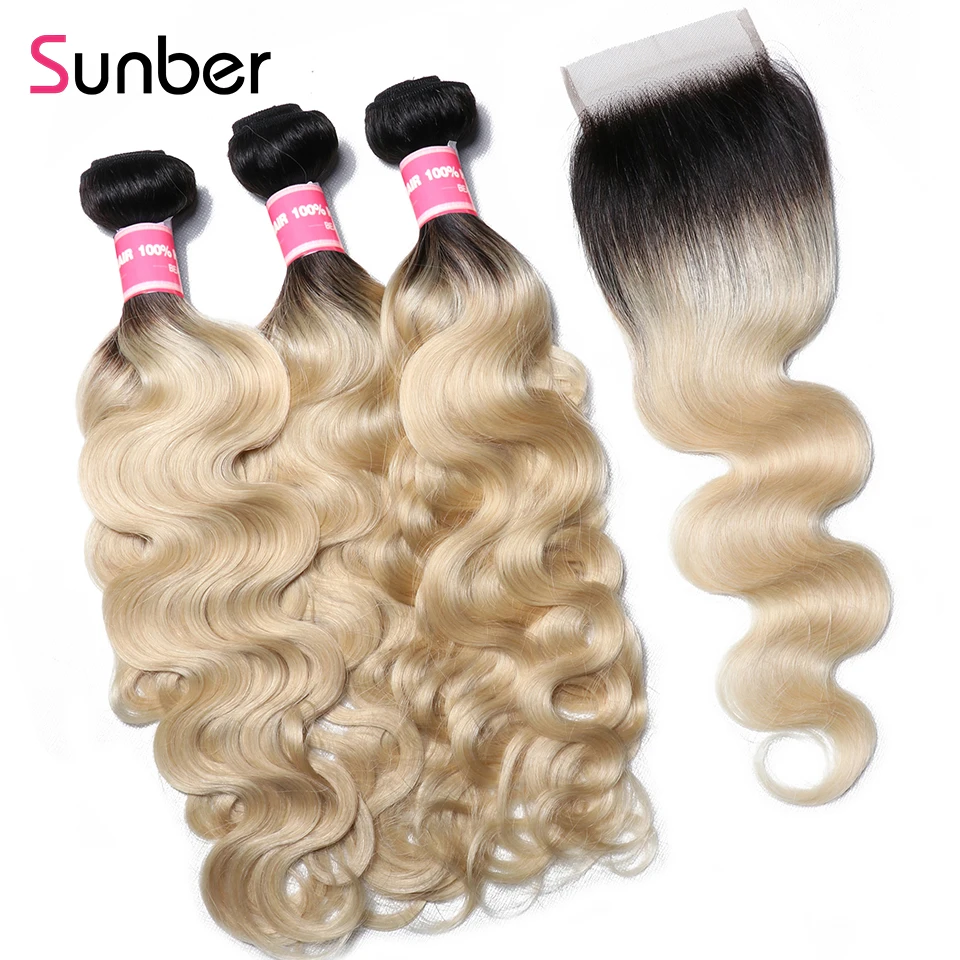 Sunber Hair T1B/613 малайзийские волосы объемные волнистые пряди с закрытием 10 ''-20'' Remy человеческие волосы Омбре блонд 3/4 пряди с закрытием