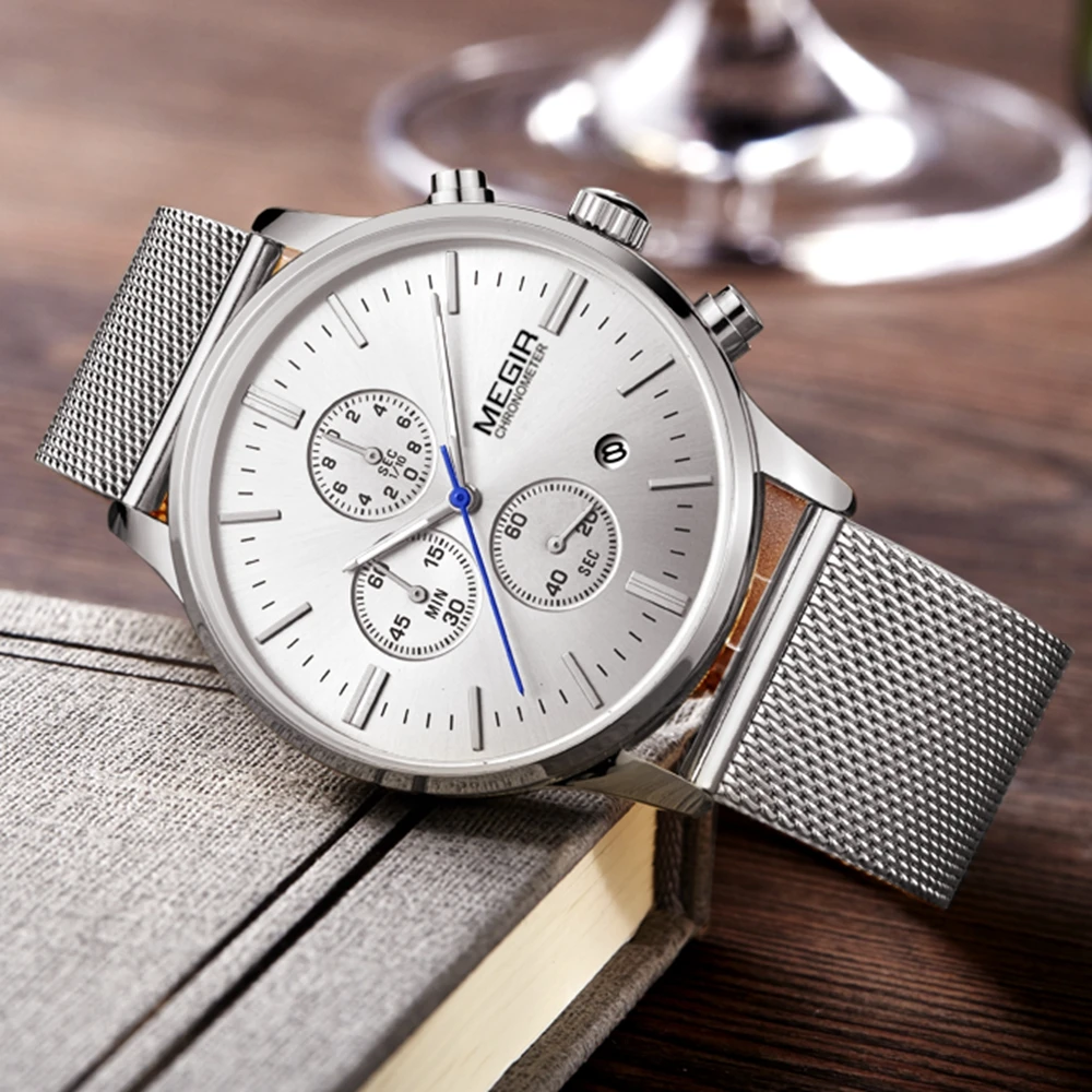 Megir Fashion Luxury Brand Design Men Casual chronograph stainless steel silver mesh band watch for men Wrist Quartz Watch 2011