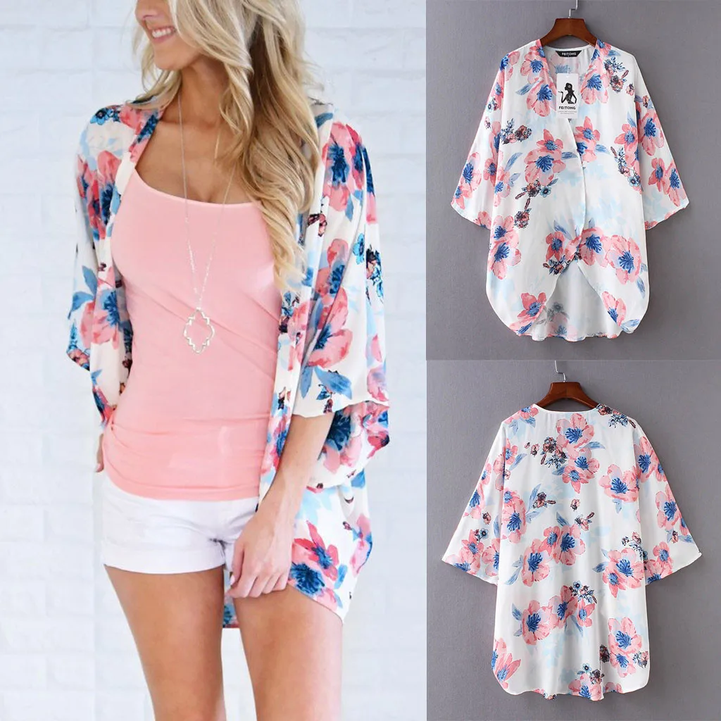 

Women Floral Print Chiffon Beach Kimono Cardigan Blouse Shawl Loose Top Outwear Casual Slimming Solid Oversize tunique femme