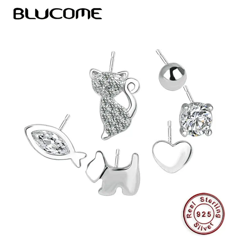 

Blucome Fashion 925 Silver Zircon Jewelry 6 Pieces Kitten Fish Love Dog Shape Small Stud Earring Women Girls Daily Accessories