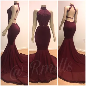 Burgundy Mermaid Prom Dresses for African Black Girls 2019 Vestido De Festa Real Photos High Neck Backless Event Party Gowns