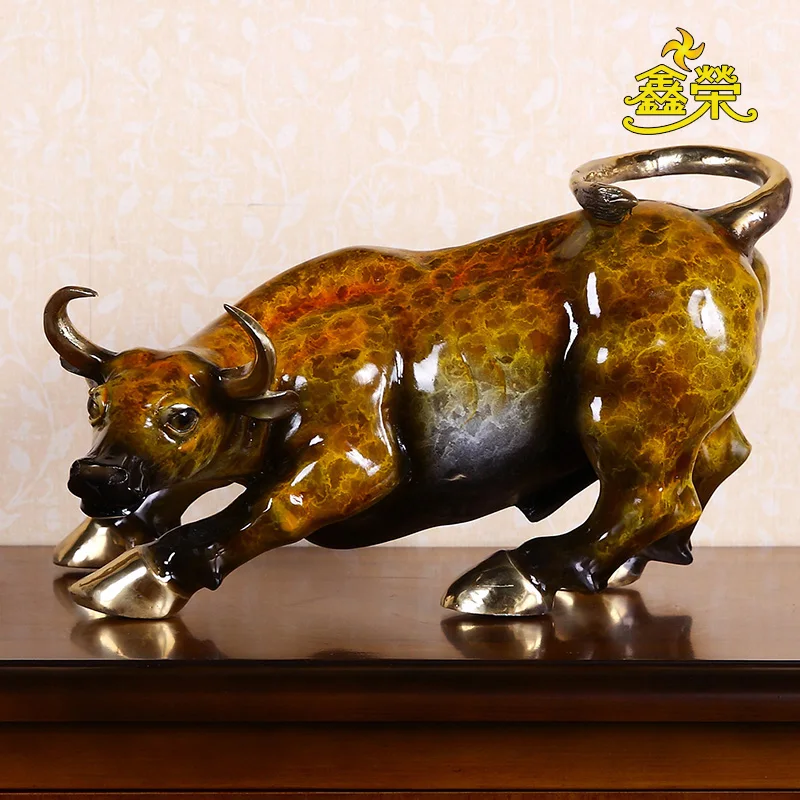 Lucky Chinese Colorful Pure Brass Wall Street Cattle Statue Home Office