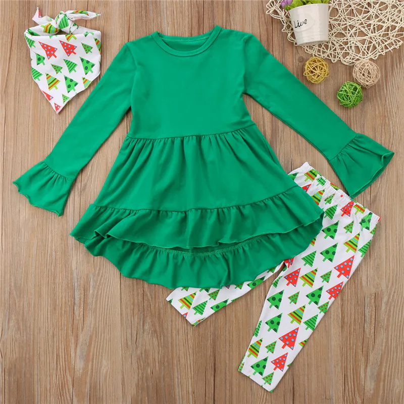 Xmas Kids Children Baby Girls Christmas Long Sleeve T-shirt Tops+ Tree Printed Long Pants Leggings+Headband Outfits Clothes