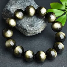 16mm Grande Genuino de la Piedra Natural de Obsidiana Oro Granos Redondos Pulseras Para Hombres Y Mujeres Charm Pulsera Del Estiramiento Elástico de Gran Alcance