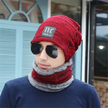 

2017 Arrival Beanies With Scarf Knitted Hat Men's Winter Hats For Men Caps Warm Moto Fur Winter Beanie Fleece Knit Bonnet Hat