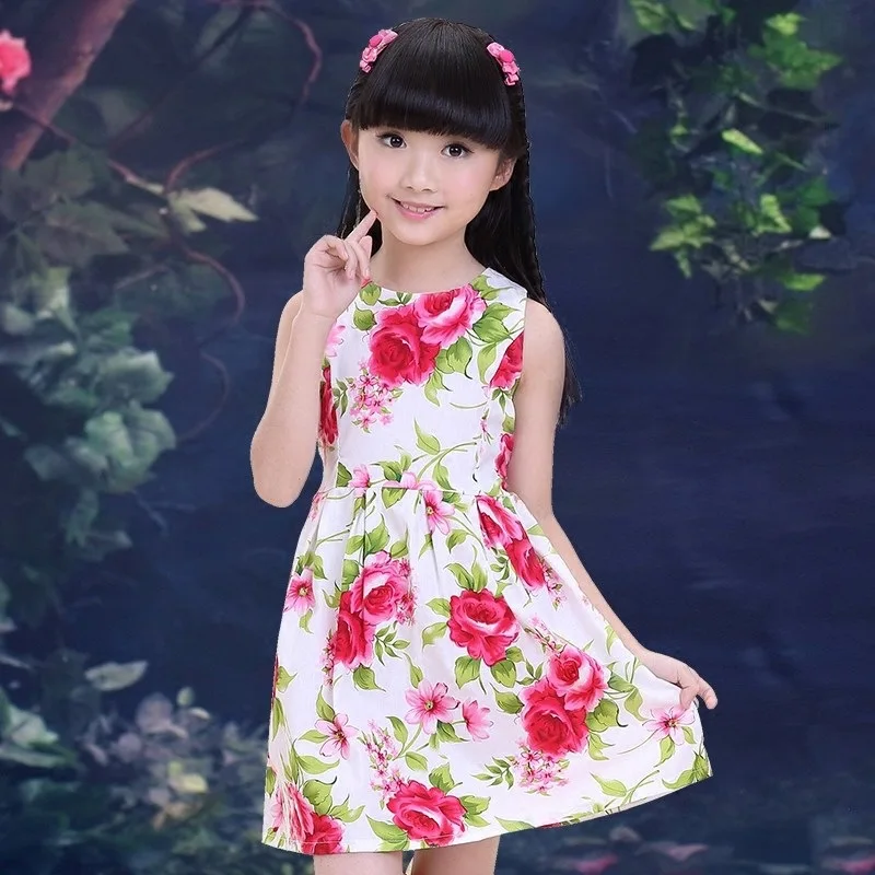 

4-6T girls summer dress sleeveless Chinese style peony knee length children clothes