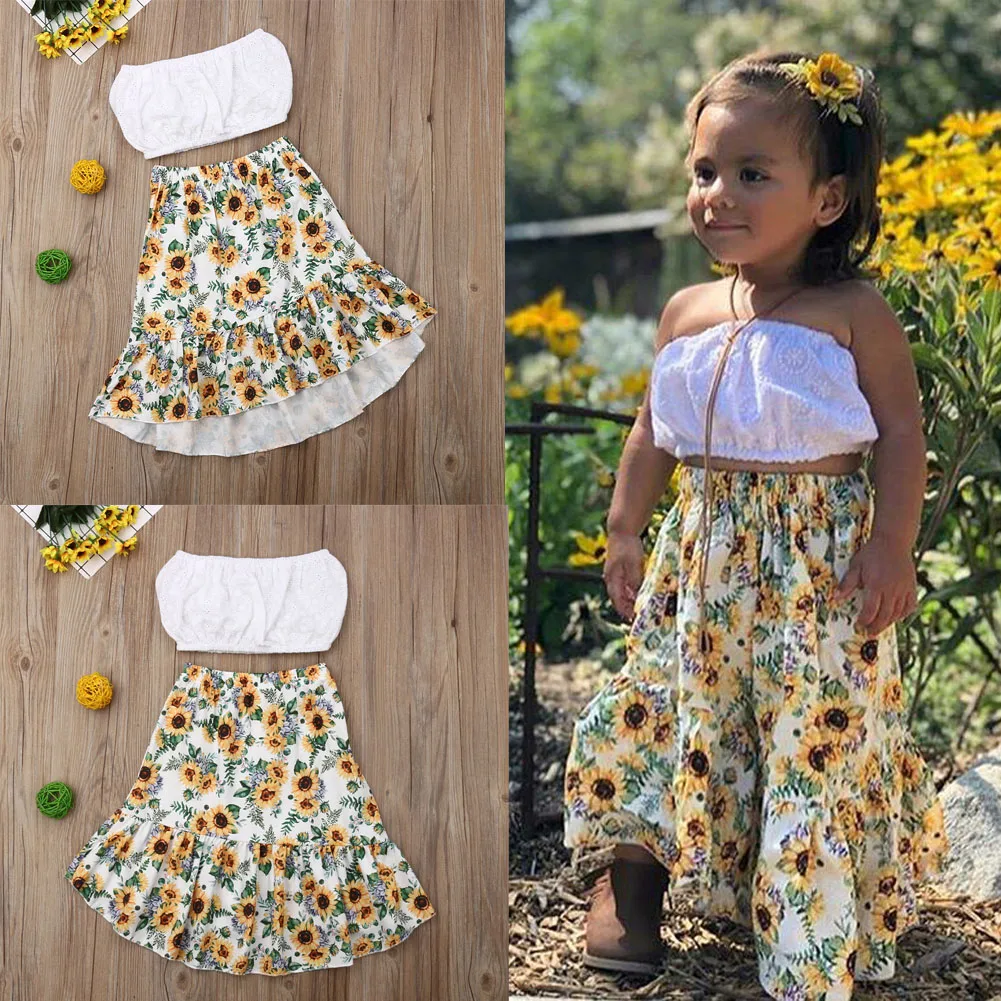 2 предмета, костюм Подсолнух для маленьких девочек, однотонный укороченный топ+ длинная юбка с цветочным рисунком комплект летней одежды для девочек
