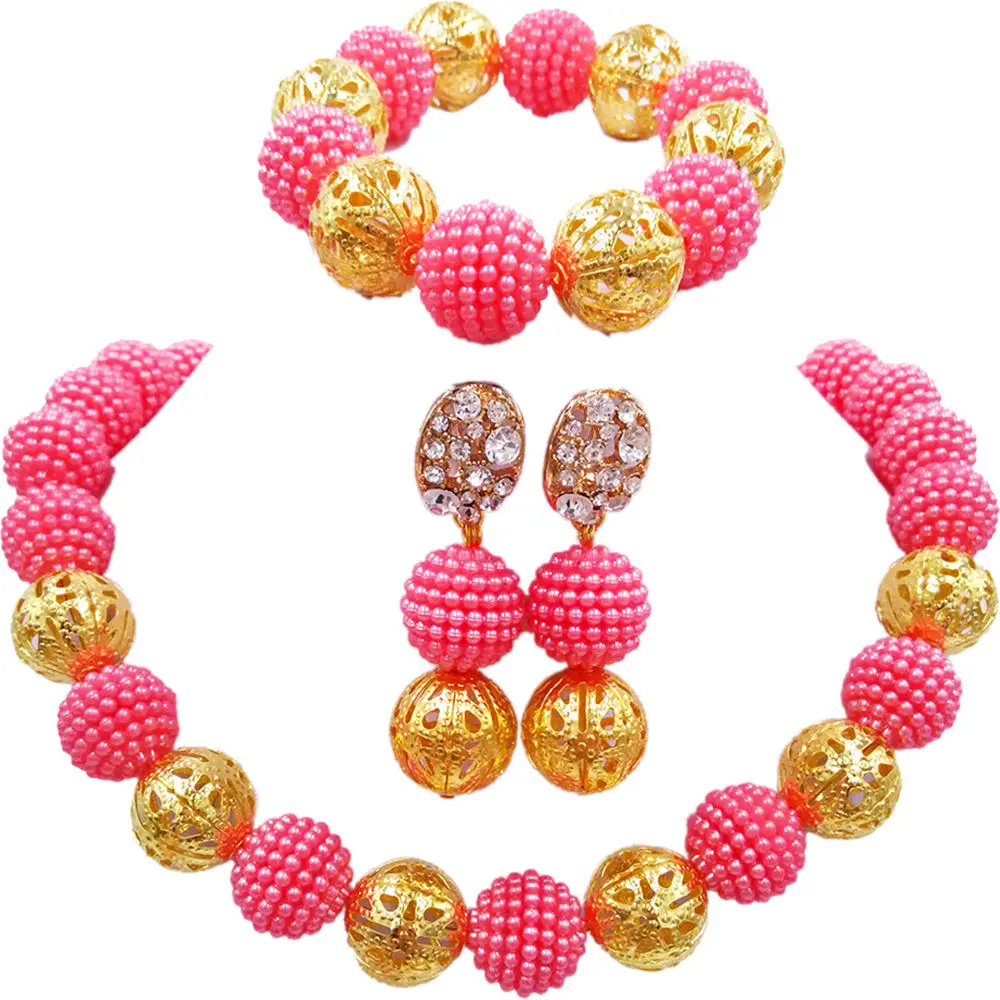 

Hot Sale Coral Pink Nigerian Wedding African Beads Jewelry Set for Women Party Jewelry Simulated Pearl Necklaces 16JSQ03