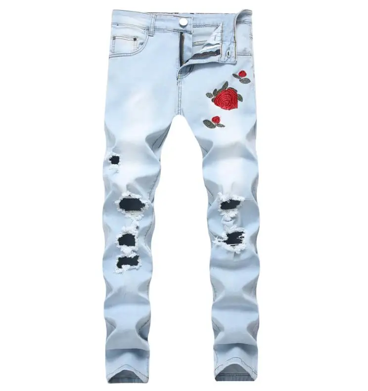Bonjeanメンズ黒青花パッチスキニージーンズ刺繍入り破れたストレッチデニム穴パンツサイズ42 ジーンズ Aliexpress