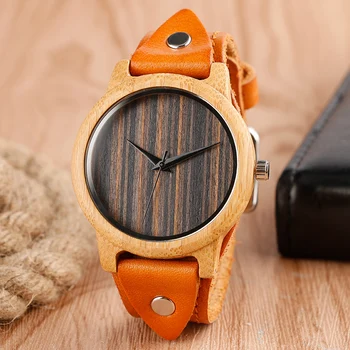 

New Arrival Casual Cool Punk Rock Style Genuine Leather Mens Wristwatches Quartz Nature Wood Bamboo Watch Women Gift