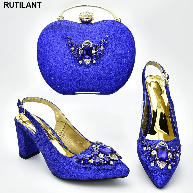 Комплект из туфель и сумочки синего цвета для женщин; женская обувь и сумка в комплекте; стразы; комплект из туфель и сумочки в нигерийском стиле