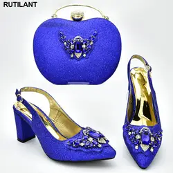 Комплект из туфель и сумочки синего цвета для женщин, подходящая женская обувь и сумка в комплекте, украшенные стразами, комплект из туфель