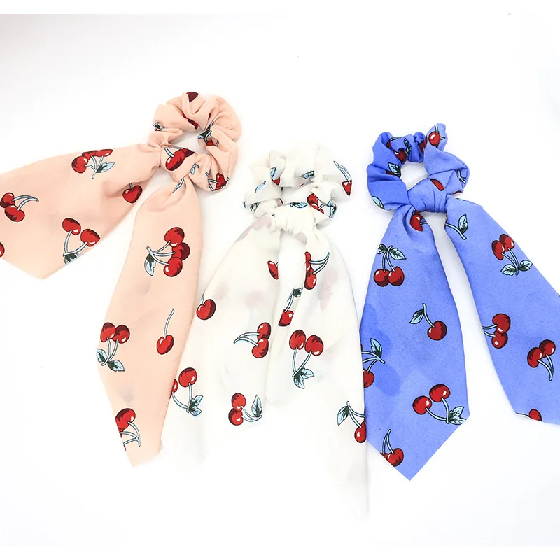 

2019 New Summer Turban Scrunchies Fresh Cherry Retro Women Hairbands Chiffon Headband Head Wrap Hair Accessories