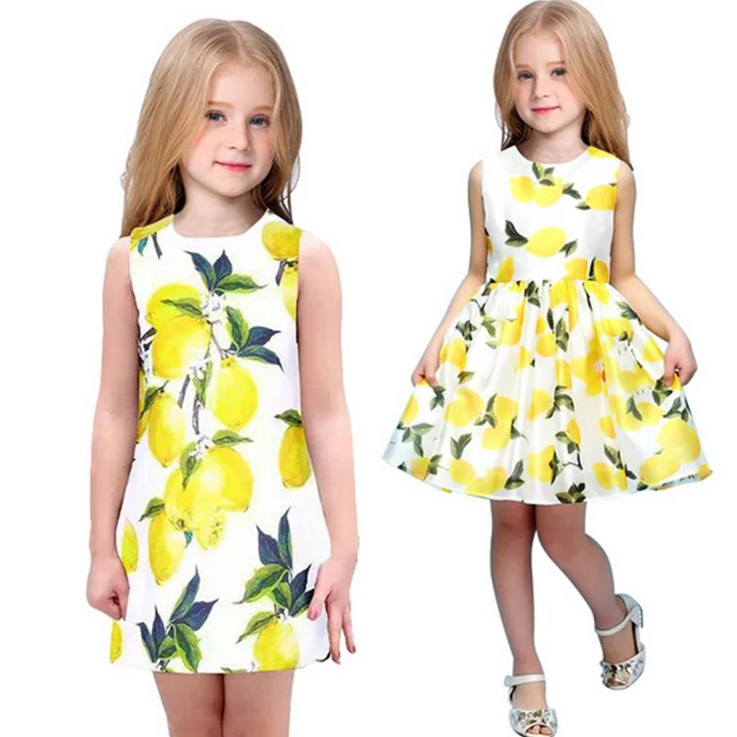 

New brand Girls Clothes 2016 summer Princess Dress Girl Kid dress for Girls Costumes Floral Print Lemon fruit Kids clothes 2-6Y