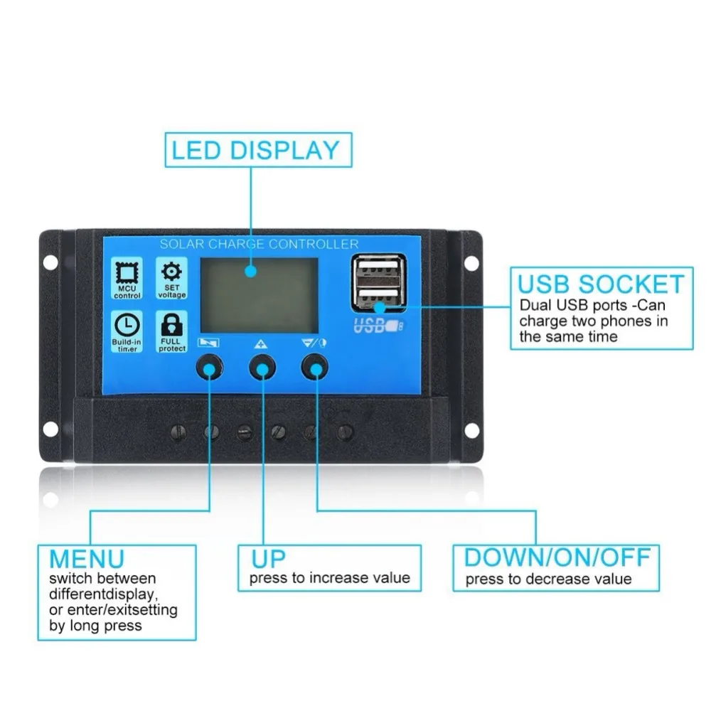 ЖК-дисплей PWM 10/20/30A Dual USB Панели солнечные Батарея регулятор заряда аккумулятора 12/24V