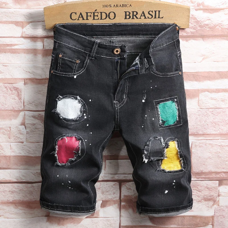 

New high quality jeans denim shorts men summer straight hole slim black colored knee length patchwork male trousers plus size