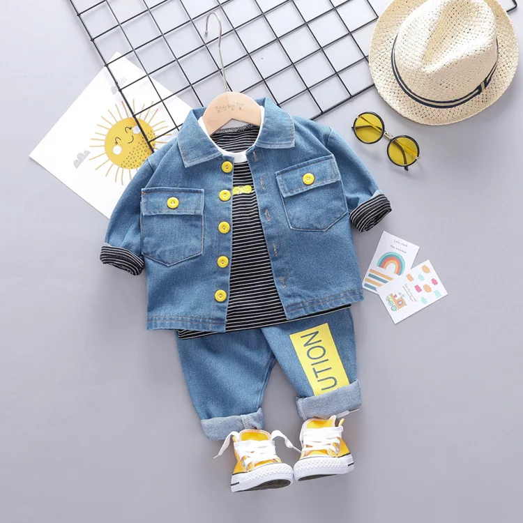 Новинка, осенний костюм для маленьких мальчиков и девочек, Bebek roupa infantil детская рабочая одежда, джинсовые штаны комплект одежды из двух предметов с вырезом спереди