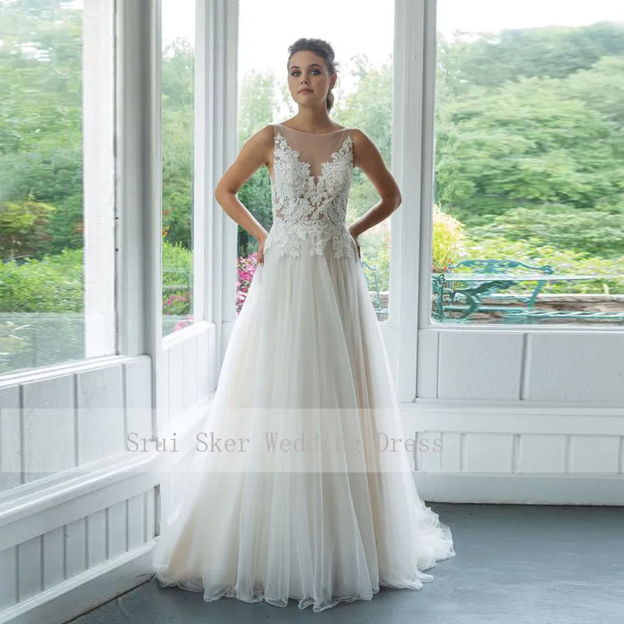 

Scoop Wedding Dress 2019 A-Line Tulle Gowns Sleeveless Appliques Illusion Back Wedding Gown Free Shipping robe de mariee