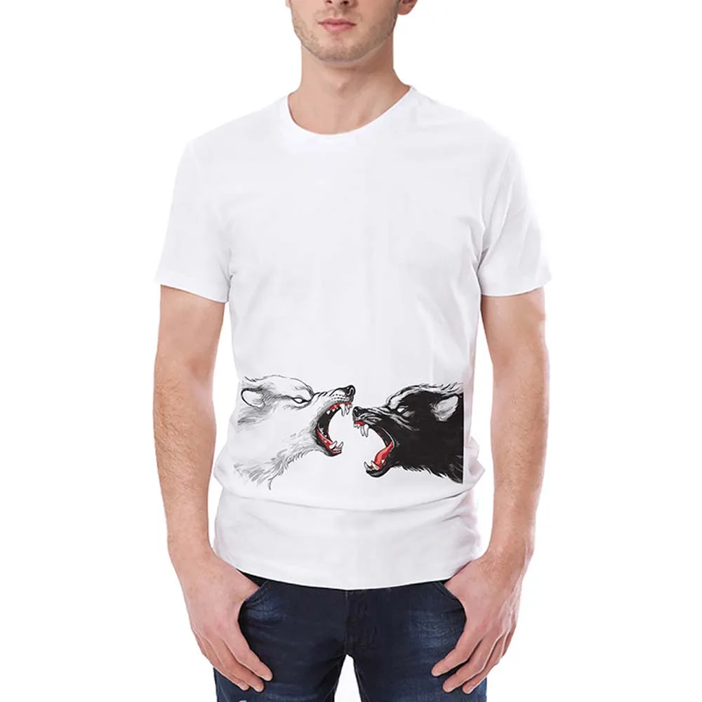 

Lovers Double Wolf Printed Cotton Tshirts Streetwear Hip Hop Men Casual Short Sleeve Tops Tees Summer Male T Shirts